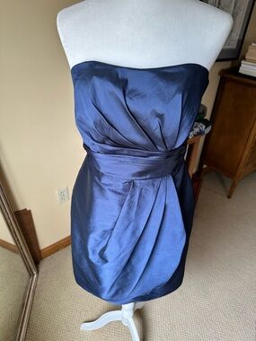 Alfred Sung Strapless Dupioni Cocktail-Length Dress D602 Midnight Blue Sz 10